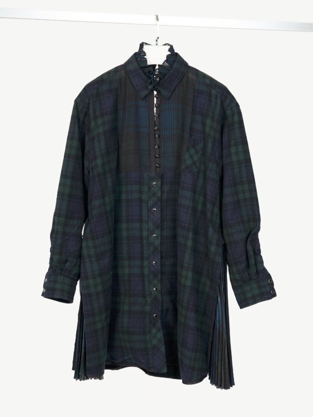 Sacai Green & Navy Plaid Cotton-Flannel Side-Pleat Dress